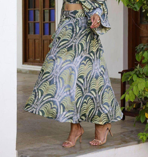 Green Palm Print Maxi Skirt | Boho Resort Skirt with Pockets