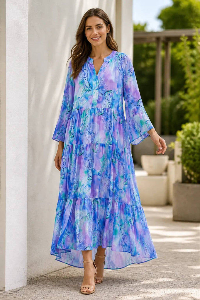 Italian Womens Tiered Maxi Dress – Watercolour Print V Neck Summer Dress UK 8–18