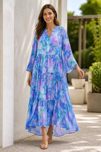 Italian Womens Tiered Maxi Dress – Watercolour Print V Neck Summer Dress UK 8–18