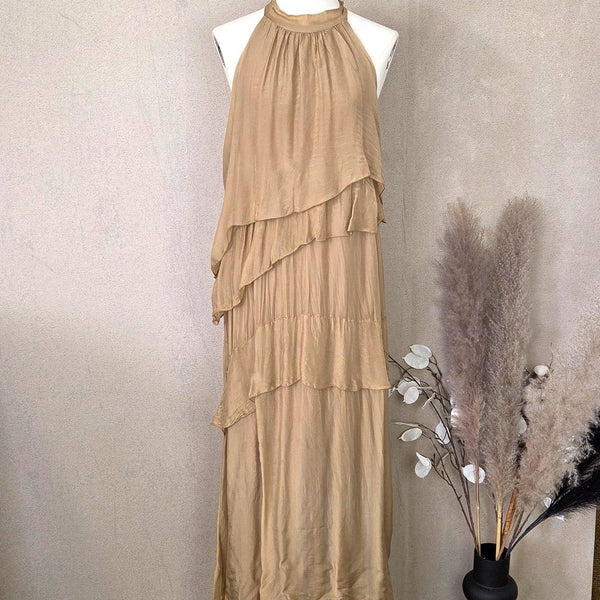 Silk blend sleeveless dress with tie high neckline and ruffles (S-M)