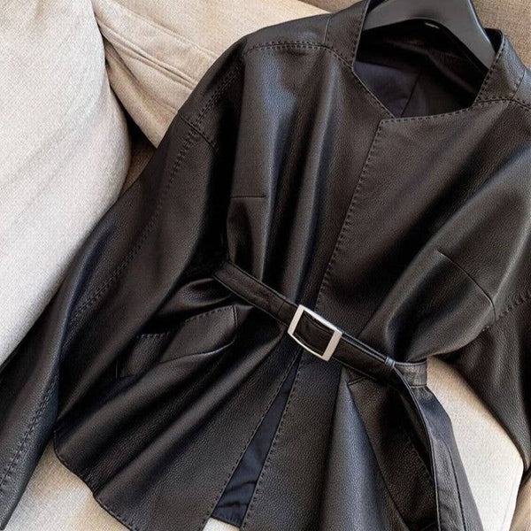 Black Chic Belted Faux Buttonless Leather Kimono Jacket