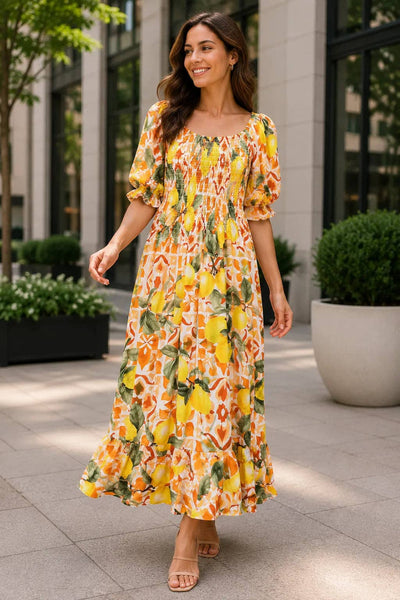 Italian Womens Lemon Print Shirred Midi Dress –  Summer Dress
