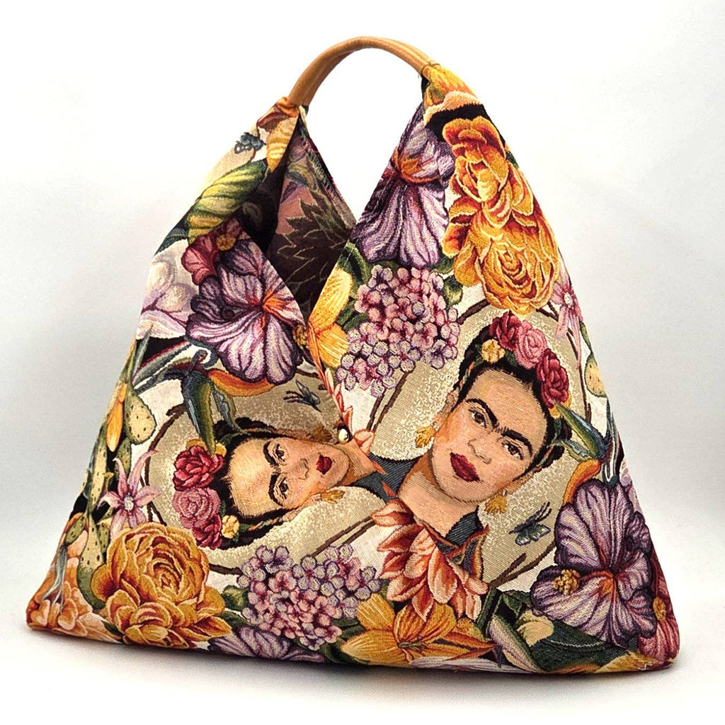Large Frida Kahlo motif tapestry style bag with leather handle