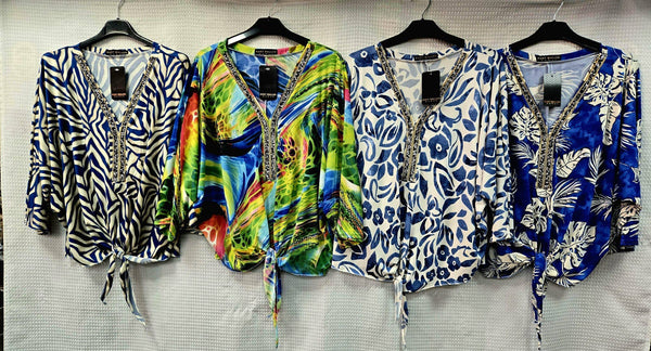 Printed V Diamante Trim Tie Slinky Blouse
