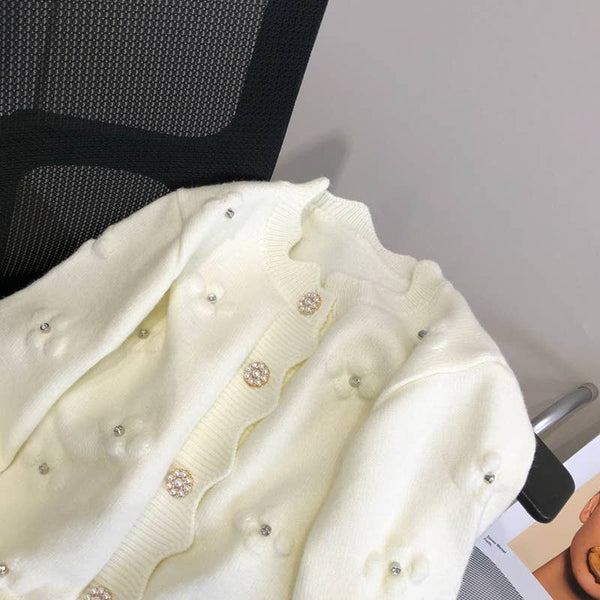 Scalloped Knit Cardigan with Pearl Floral Details