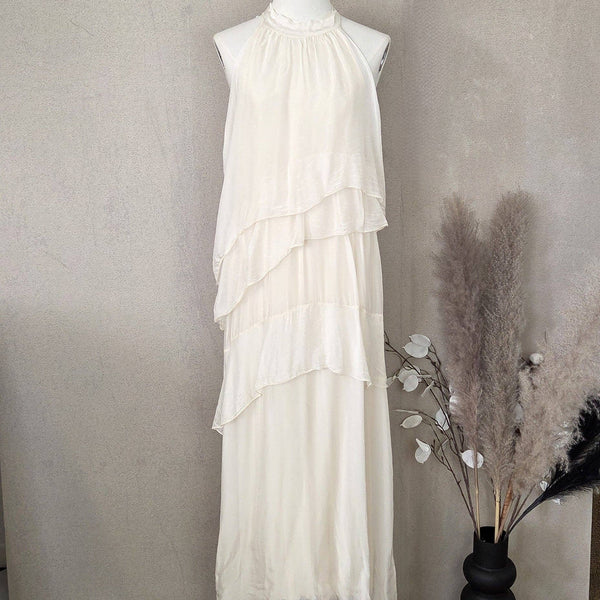 Silk blend sleeveless dress with tie high neckline and ruffles (S-M)