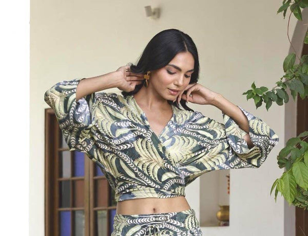 Green Palm Print Boho Wrap Top | Bell Sleeve Blouse