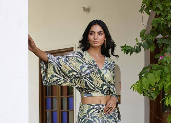 Green Palm Print Boho Wrap Top | Bell Sleeve Blouse