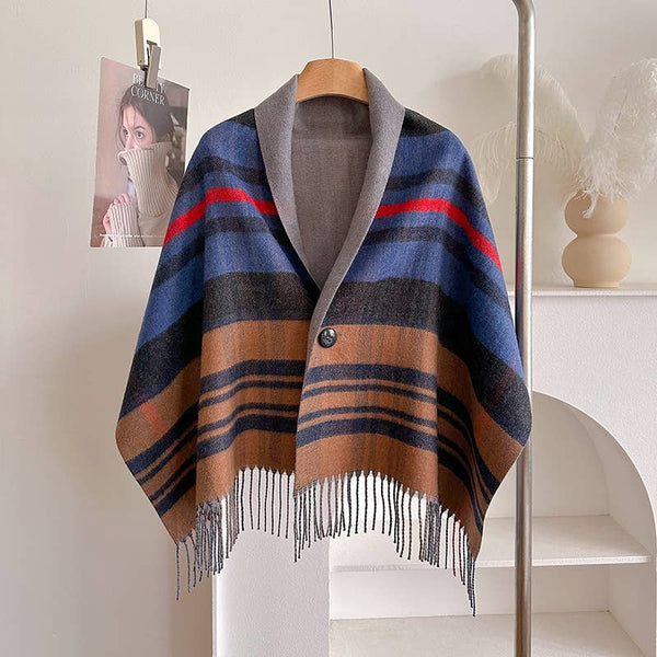 Light  Plaid Fringe Poncho Cape Wrap