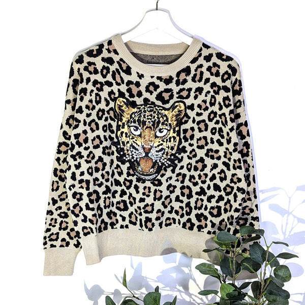 Luxe knitted animal design jumper with tiger embroidery