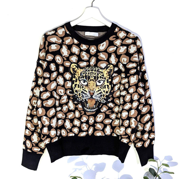 Luxe knitted animal design jumper with tiger embroidery