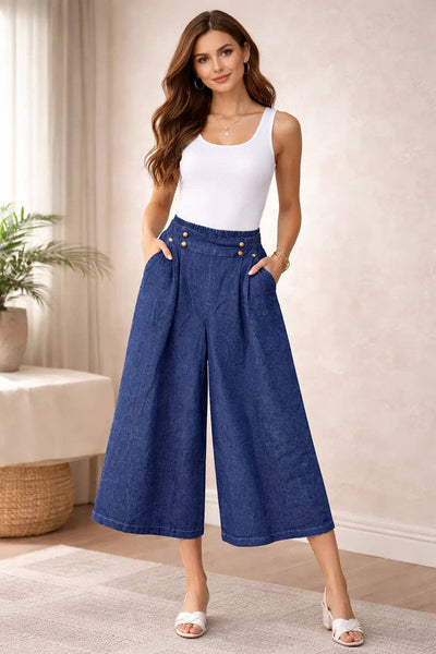 Italian Womens High-Waist Denim Culottes with Button Detail and Elasticated Back