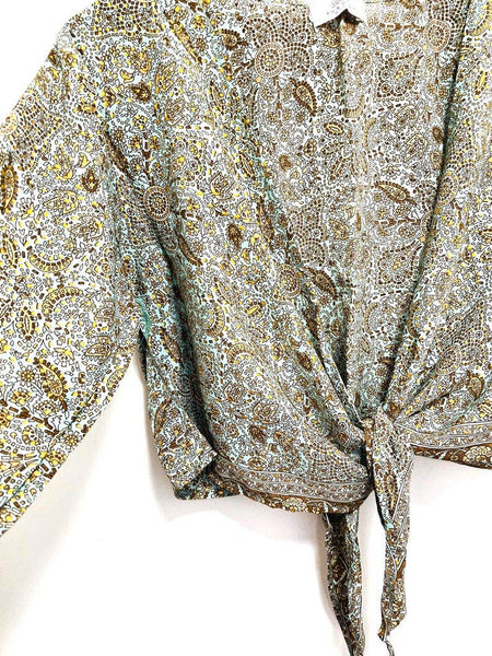 70s Silk Bell Sleeve Wrap Top | Boho Festival Crop Blouse