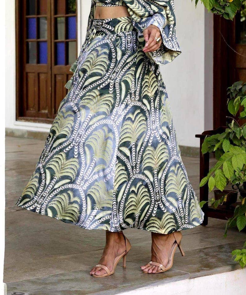 Green Palm Print Maxi Skirt | Boho Resort Skirt with Pockets