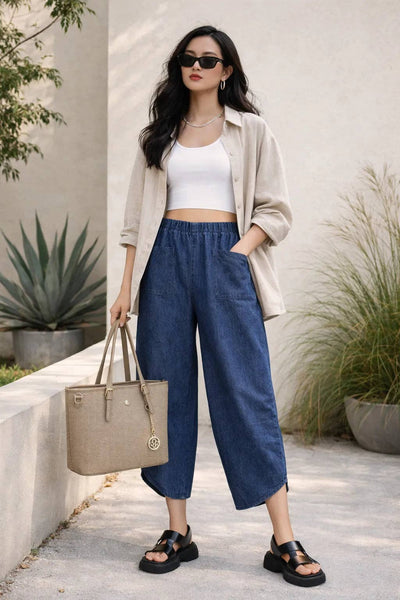 Italian Womens Elasticated Waist Oversized Tapered Denim Trousers