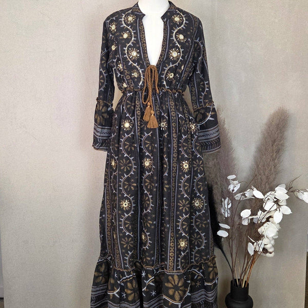Long boho dress with sleeves, tie, Indian style print and sequin detail