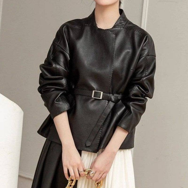 Black Chic Belted Faux Buttonless Leather Kimono Jacket