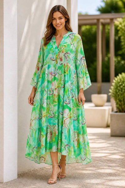 Italian Womens Tiered Maxi Dress – Watercolour Print V Neck Summer Dress UK 8–18