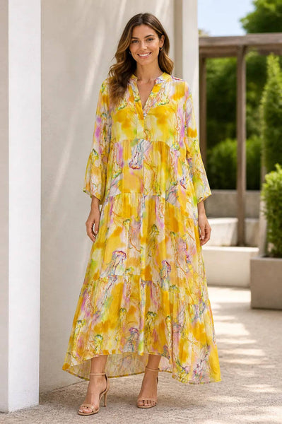 Italian Womens Tiered Maxi Dress – Watercolour Print V Neck Summer Dress UK 8–18