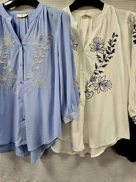 Embroidery Button Tunic Top