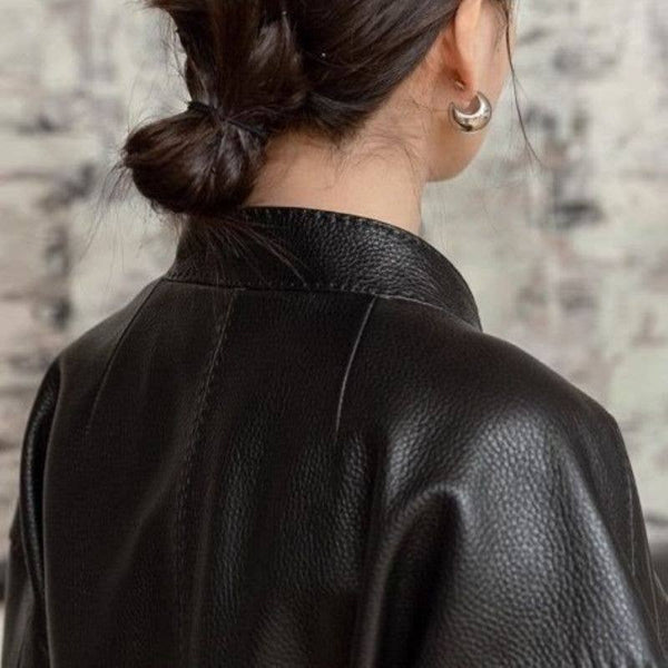 Black Chic Belted Faux Buttonless Leather Kimono Jacket