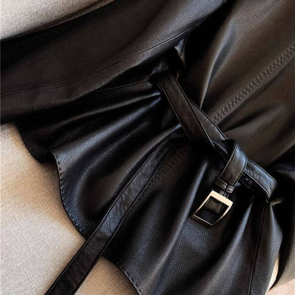 Black Chic Belted Faux Buttonless Leather Kimono Jacket