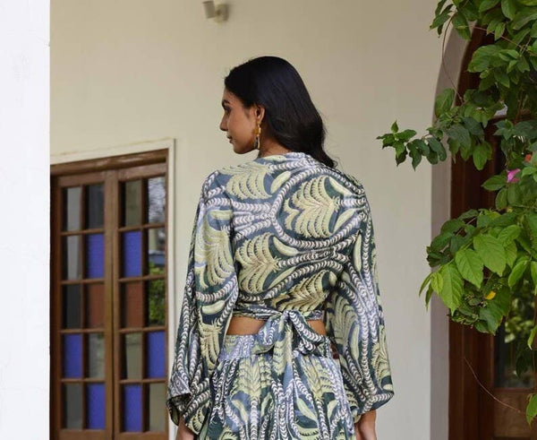 Green Palm Print Boho Wrap Top | Bell Sleeve Blouse