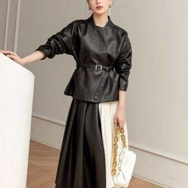 Black Chic Belted Faux Buttonless Leather Kimono Jacket