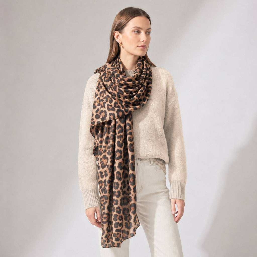 Large Leopard Print Lightweight Scarf in Beige