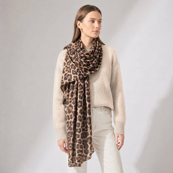 Large Leopard Print Lightweight Scarf in Beige