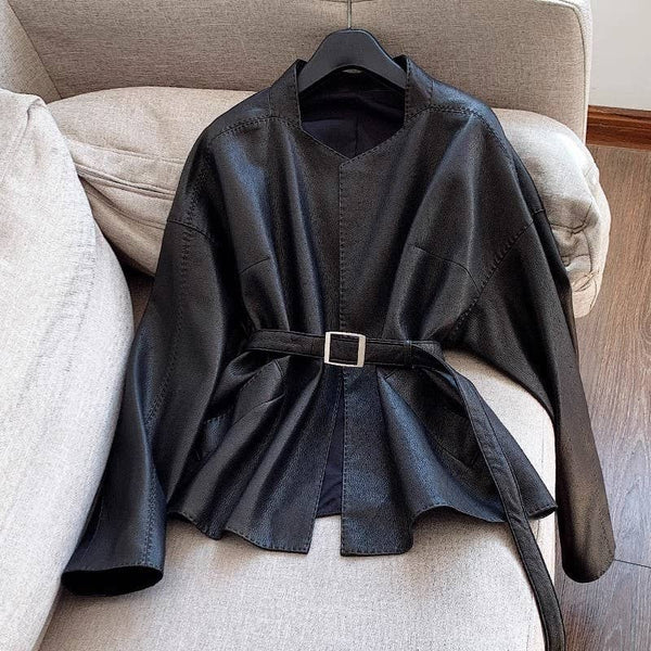 Black Chic Belted Faux Buttonless Leather Kimono Jacket