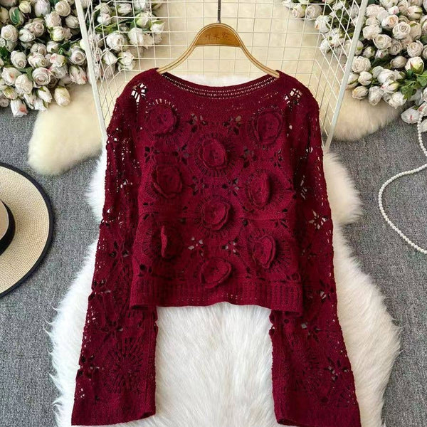 3D Rosette Detail Long Sleeve Knit Lace Top