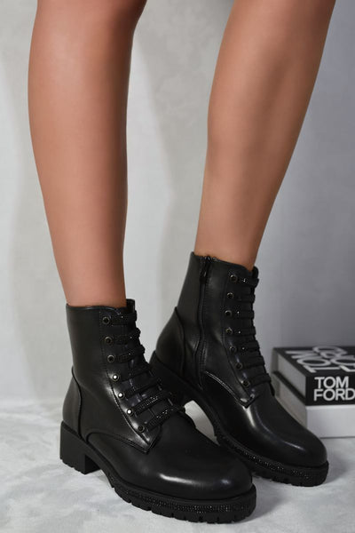 Lace Up Glitter Detail Ankle Boots