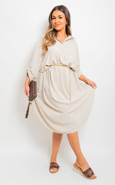 Button Down Pull Up Sleeve Midi Dress with Front Pocket