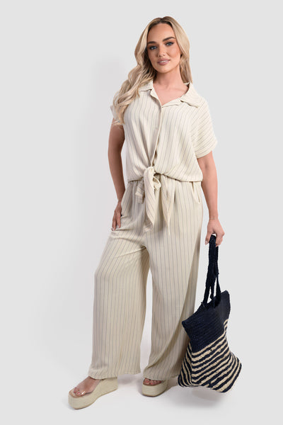 Striped Button Down Tie Front Top and Trouser Co-ord Set