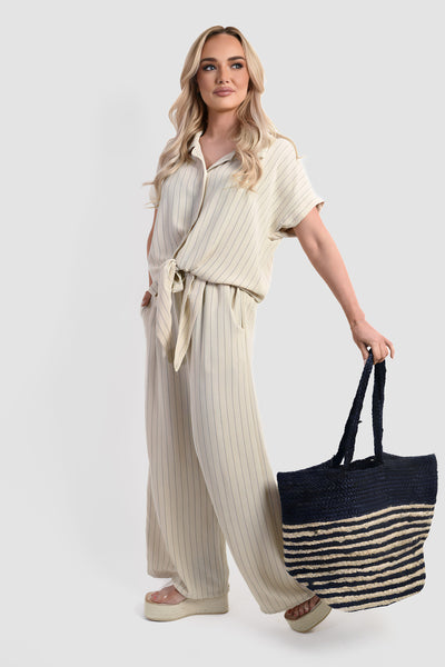 Striped Button Down Tie Front Top and Trouser Co-ord Set