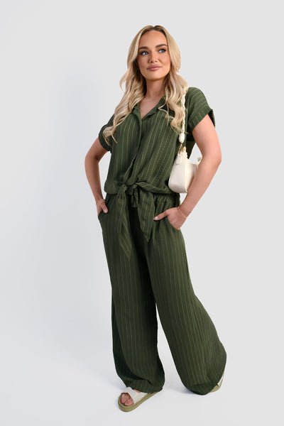Striped Button Down Tie Front Top and Trouser Co-ord Set