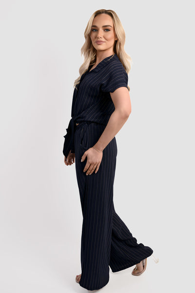 Striped Button Down Tie Front Top and Trouser Co-ord Set