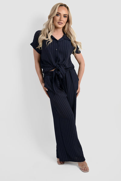 Striped Button Down Tie Front Top and Trouser Co-ord Set