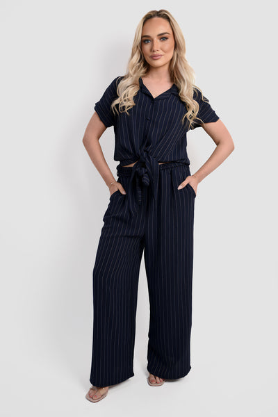 Striped Button Down Tie Front Top and Trouser Co-ord Set