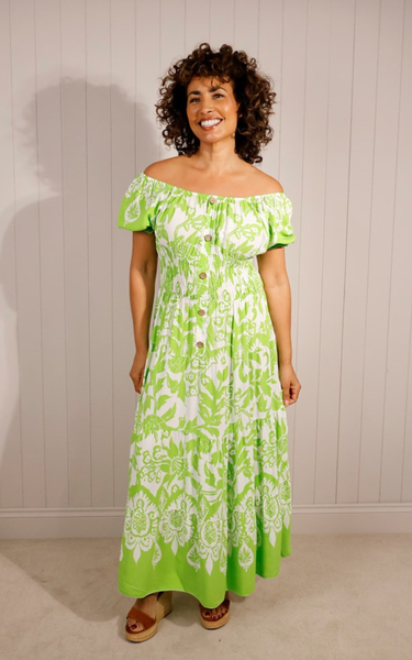 Mono Print Puff Sleeve Shirred Maxi Dress