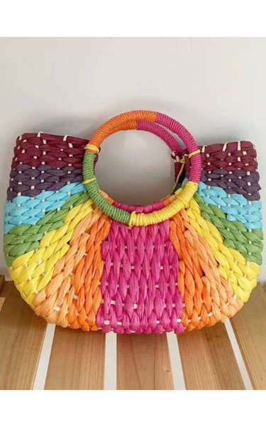 Rainbow Raffia Handbag with Circular Handles
