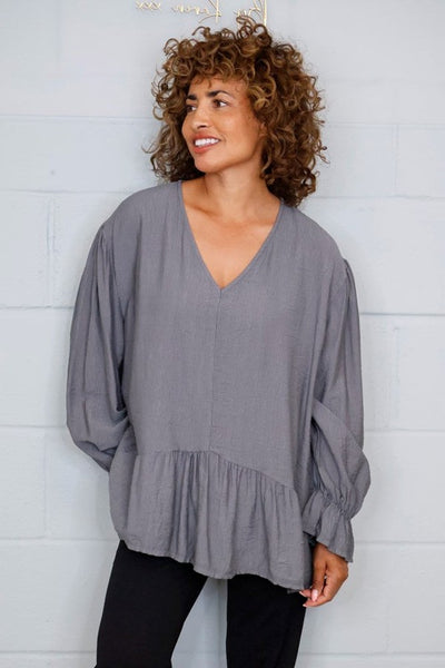 Cuffed V Neck Frill Blouse