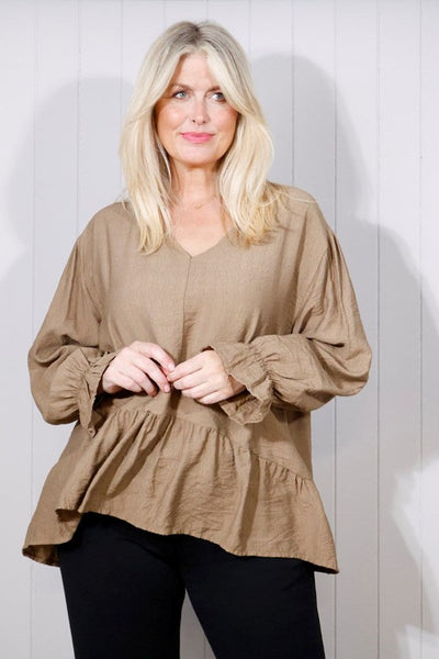 Cuffed V Neck Frill Blouse