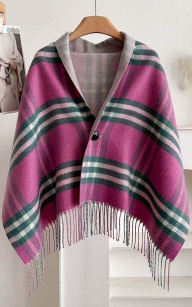 Light  Plaid Fringe Poncho Cape Wrap