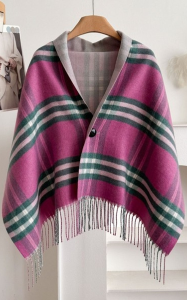 Light  Plaid Fringe Poncho Cape Wrap