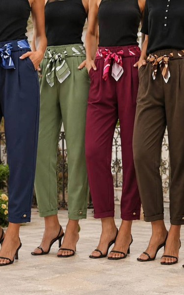Gold Button Carrot Cotton Belt Trousers