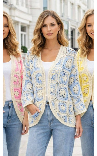 Contrast Crochet Cotton Curved Hem Cardigan