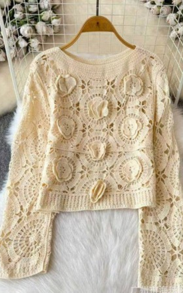 3D Rosette Detail Long Sleeve Knit Lace Top