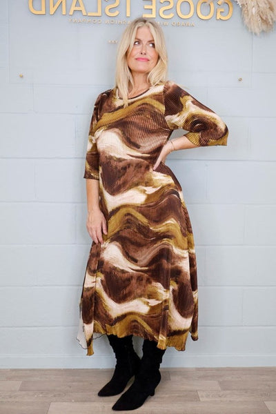 Pleated Dress Swirl Print
